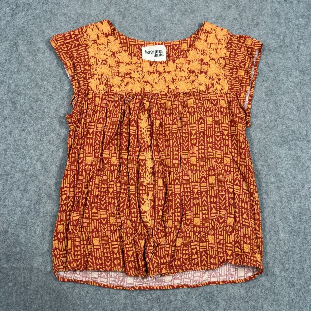 Savanna Jane Red Orange Embroidered Print Short Sleeve Blouse Women's Size Small